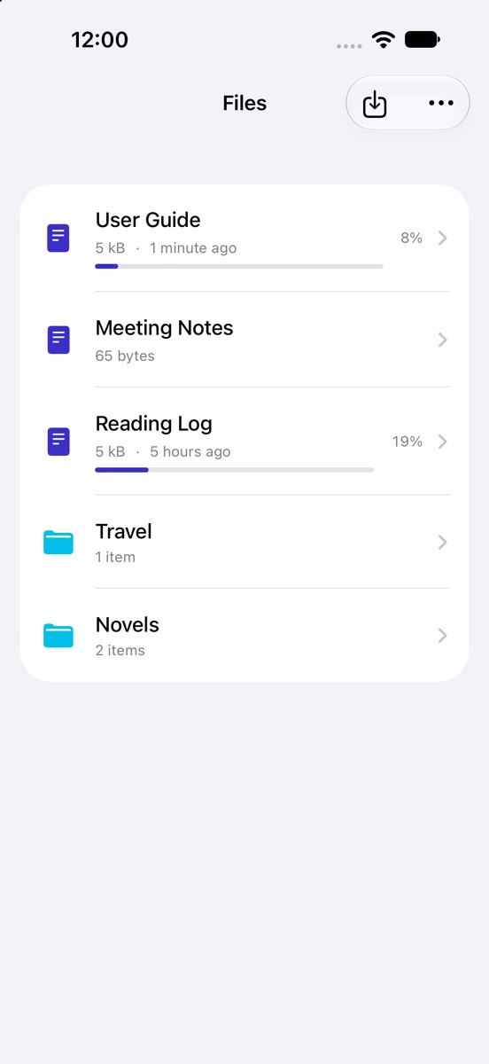 The file list, with a progress bar showing how much of each file has been read.
