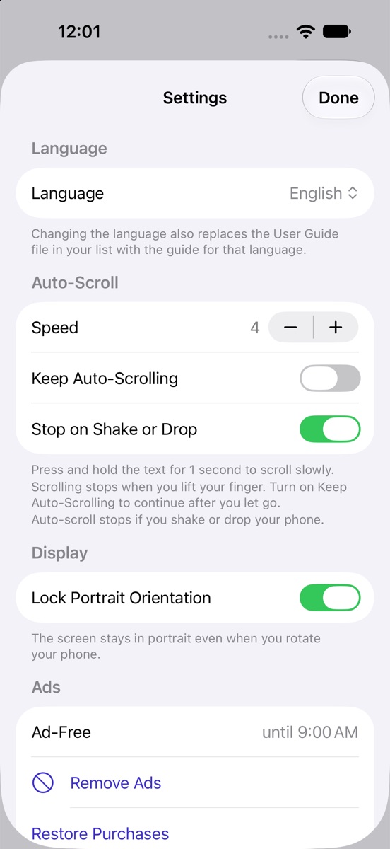 The settings screen with language, auto-scroll, and portrait lock options